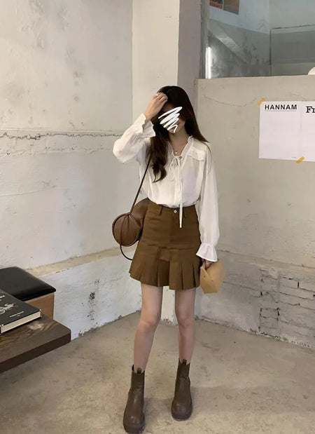Xpqbb-Blusa de chiffon com decote em V para mulheres, camisas soltas com renda, manga comprida, babados, streetwear feminino, roupas coreanas, primavera e outono, 2024