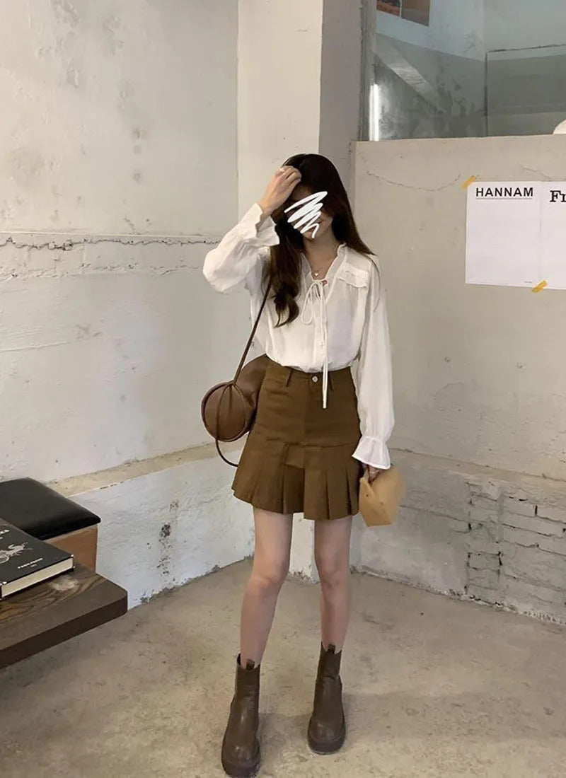 Xpqbb-Blusa de chiffon com decote em V para mulheres, camisas soltas com renda, manga comprida, babados, streetwear feminino, roupas coreanas, primavera e outono, 2024