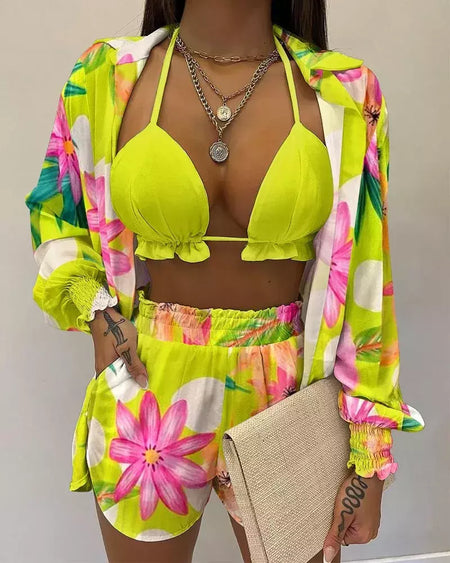 Fato de banho feminino de três peças, moda praia sexy, biquíni de cintura alta, maiô estampado, shorts para cobrir, moda praia de verão, novo 2024
