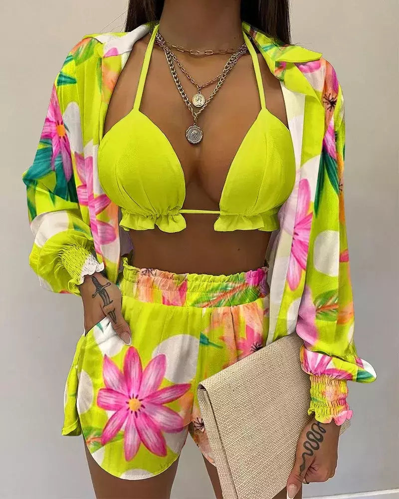Fato de banho feminino de três peças, moda praia sexy, biquíni de cintura alta, maiô estampado, shorts para cobrir, moda praia de verão, novo 2024