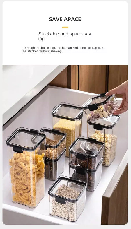 Conjunto de vasilhas de plástico herméticas para armazenamento de cozinha, grandes recipientes à prova de umidade para grãos, temperos e organizadores de despensa