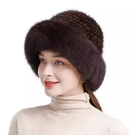 Chapéu de pele de vison genuíno para mulheres Boné de malha natural Gorros luxuosos Headwear de malha artesanal Pele de raposa real, moda inverno quente, nova