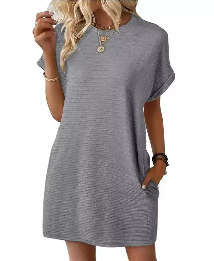 2026 robe femmes soiree manga curta em torno do pescoço mini vestido de cor sólida das mulheres bolso novo solto escritório deslocamento versátil vestido