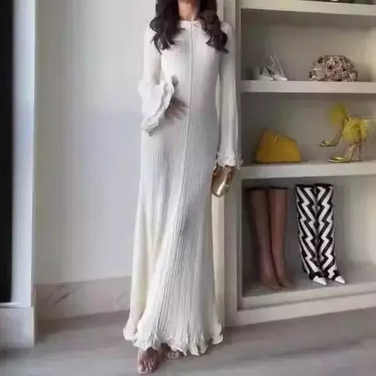 Elegante vestido de malha de manga comprida feminino, gola redonda, vestes finas brancas, vestidos de festa femininos, moda feminina, verão, outono, novo, 2022