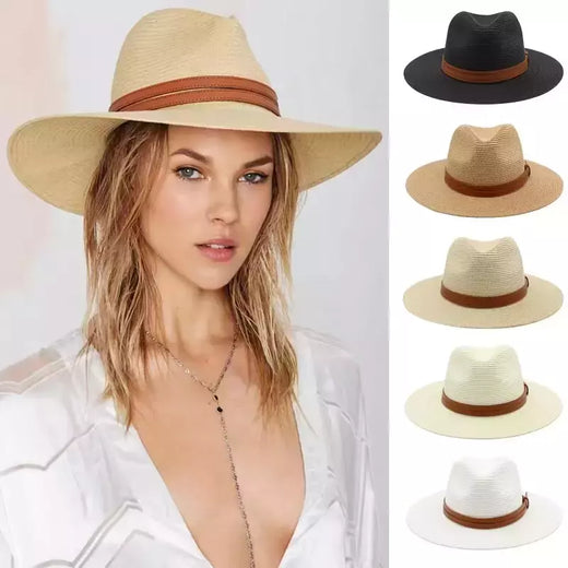 Chapéu Panamá de palha natural de aba larga para homens e mulheres, proteção UV, Fedora, chapéu de sol, verão de praia, atacado, tamanho grande, 56-58, 59-60cm, novo