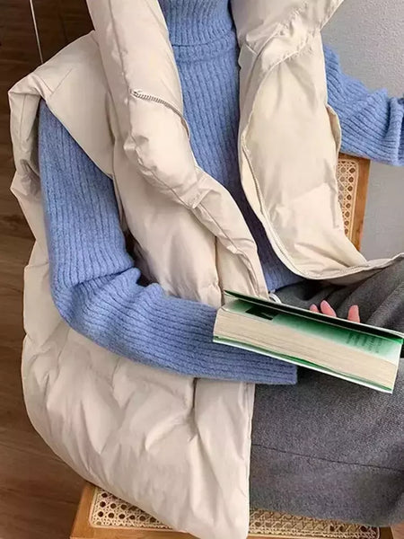 Jaqueta casual grossa solta feminina, casaco com gola simulada, zíper para cima, colete quente sólido, jaqueta puffer, outono, inverno, 2023