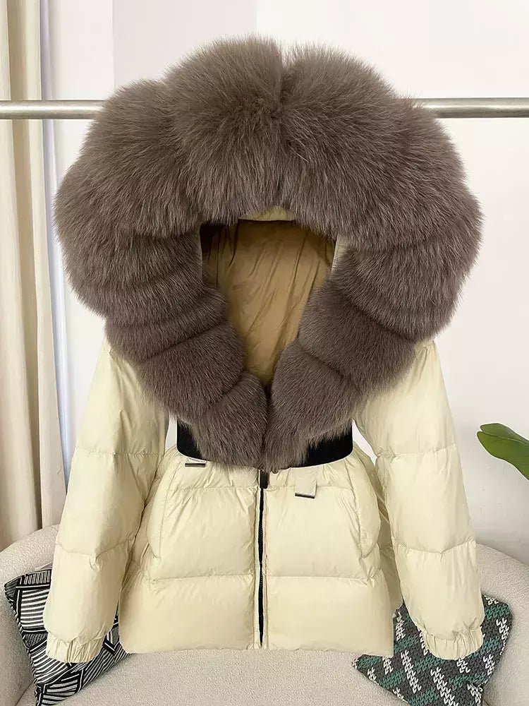 Oftbuy 2024 jaqueta de inverno feminina gola de pele de raposa natural real com capuz grosso quente 90% pato branco para baixo casaco feminino streetwear casual