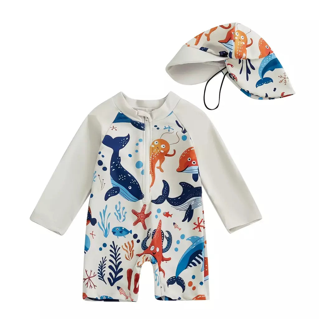 Maiô infantil de 0 a 5 anos, roupa de banho com estampa de tubarão, manga longa, meio zíper, com chapéu de sol, 2 peças, roupa de banho para crianças pequenas