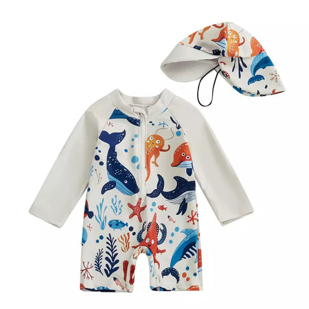 Maiô infantil de 0 a 5 anos, roupa de banho com estampa de tubarão, manga longa, meio zíper, com chapéu de sol, 2 peças, roupa de banho para crianças pequenas