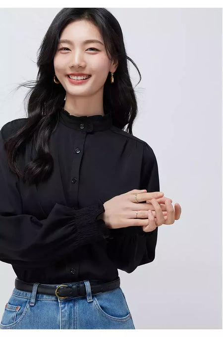 LILYMOON-Camisa de manga comprida feminina, colarinho francês, orelha de madeira, camisa casual coreana, Tops Y2K, pulôver elegante solto, batida na rua