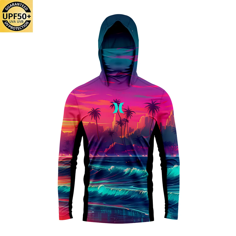 UPF 50 + proteção solar dos homens Hoodie, painéis laterais respiráveis, máscara facial respirável, manga comprida, SPF, ao ar livre, caminhadas camisas