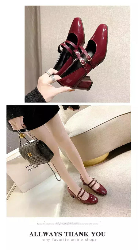 Sapatos Mary Janes de fivela dupla feminina, couro envernizado, cabeça quadrada, salto quadrado, cor sólida, primavera, outono, 2022