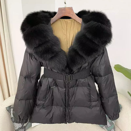 Oftbuy 2024 jaqueta de inverno feminina gola de pele de raposa natural real com capuz grosso quente 90% pato branco para baixo casaco feminino streetwear casual