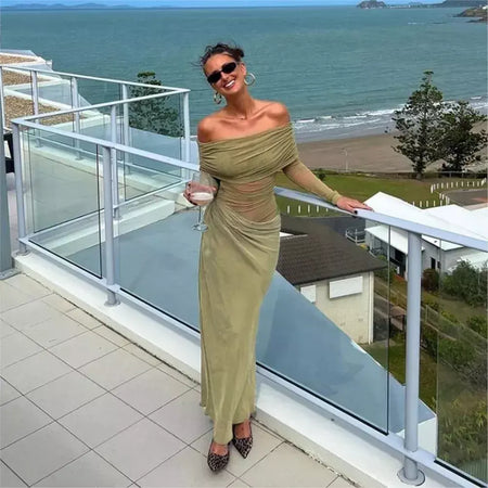 Oco sexy vestido longo feminino um ombro malha transparente festa noite vestido de malha verão moda cor sólida maxi vestidos