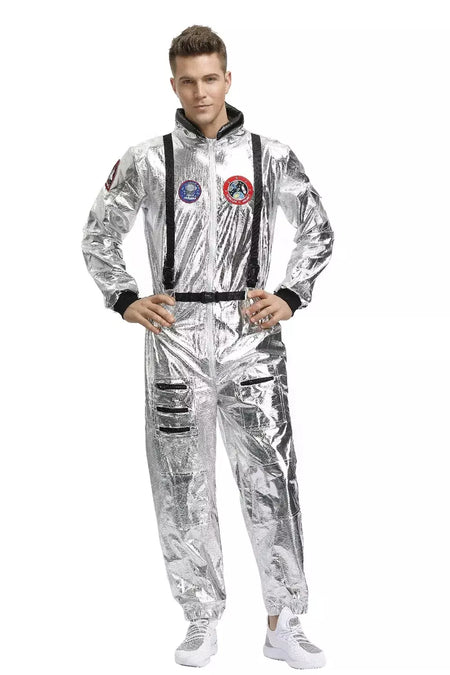 Adulto prata astronauta traje das mulheres dos homens spaceman terno espaço macacão halloween cosplay festa vestir-se