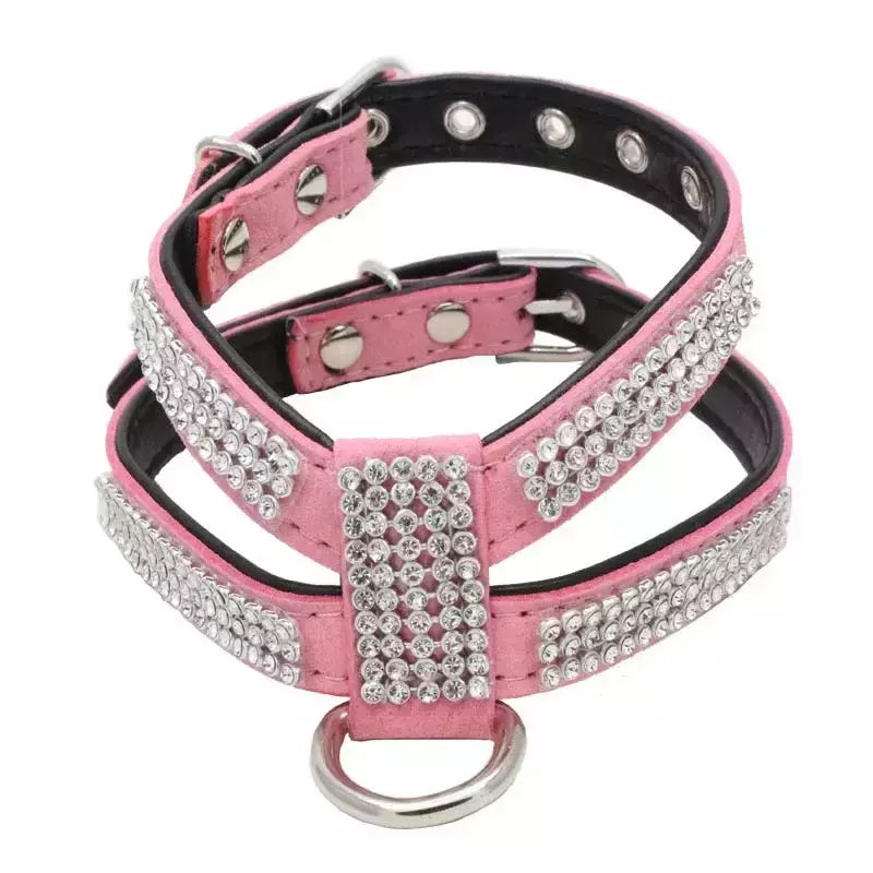 Coleira para cães, cinta peitoral ajustável, produtos para animais de estimação, coleira para cães, liberação rápida, brilhante, em forma de k, strass, couro pu