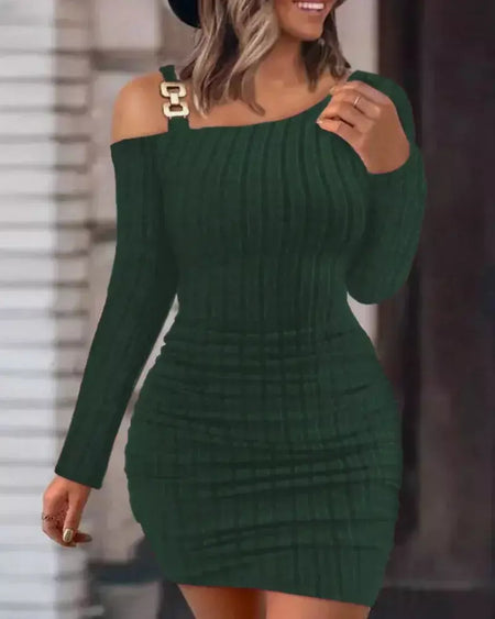 Sexy corrente fora do ombro mini vestido feminino outono moda bodycon vestidos de manga longa para mulheres inverno magro malha vestidos