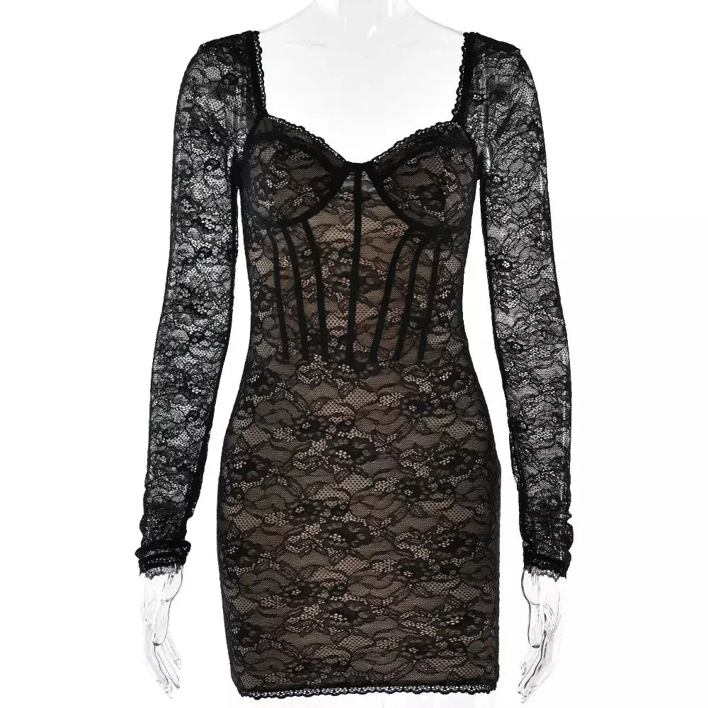Vestidos 2025 mulher sexy com decote em v rendas vestidos apertados sem costas noite mini vestido banquete de manga comprida pacote hip cor sólida magro