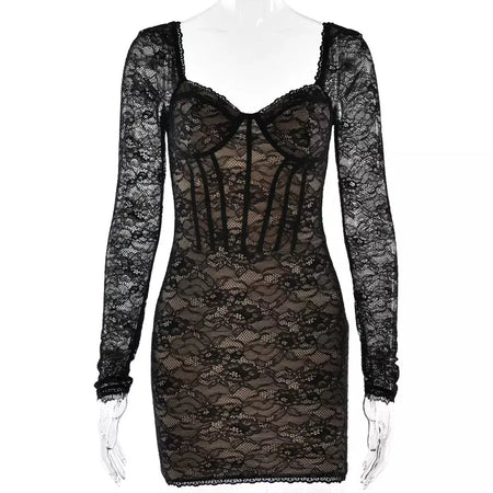 Vestidos 2025 mulher sexy com decote em v rendas vestidos apertados sem costas noite mini vestido banquete de manga comprida pacote hip cor sólida magro