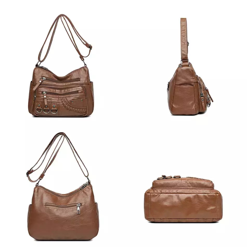 Bolsa de bolso multi couro PU vintage feminina, bolsas de ombro transversais femininas, bolsas de design de luxo, alta qualidade, 2023