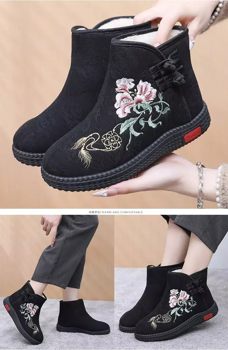 Sapatos de pano de inverno estilo étnico botas mujer sapatos femininos zapatos botas curtas quentes mulher bootie bordado algodão botas femininas