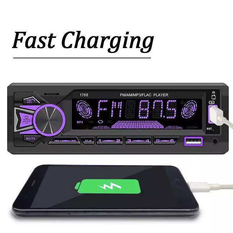 Universal 1 DIN Car MP3 Player B-tooth WIRELESS, Rádio FM, Entrada USB/TF/AUX, Carregador Rápido, Display de Tempo, Estéreo Multimídia para A
