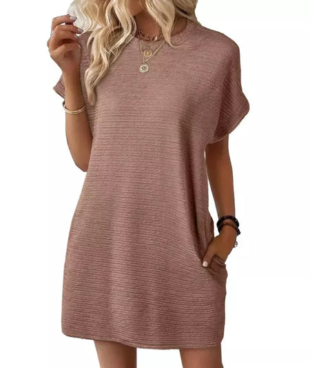 2026 robe femmes soiree manga curta em torno do pescoço mini vestido de cor sólida das mulheres bolso novo solto escritório deslocamento versátil vestido