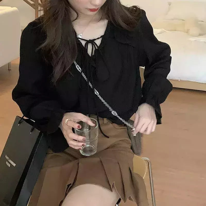 Xpqbb-Blusa de chiffon com decote em V para mulheres, camisas soltas com renda, manga comprida, babados, streetwear feminino, roupas coreanas, primavera e outono, 2024