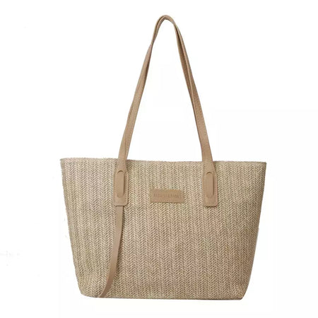Sacola tecida estilo minimalista para mulheres, grande capacidade, bolsa de praia casual, tecido grama, bolsa de ombro, verão, 1 pc