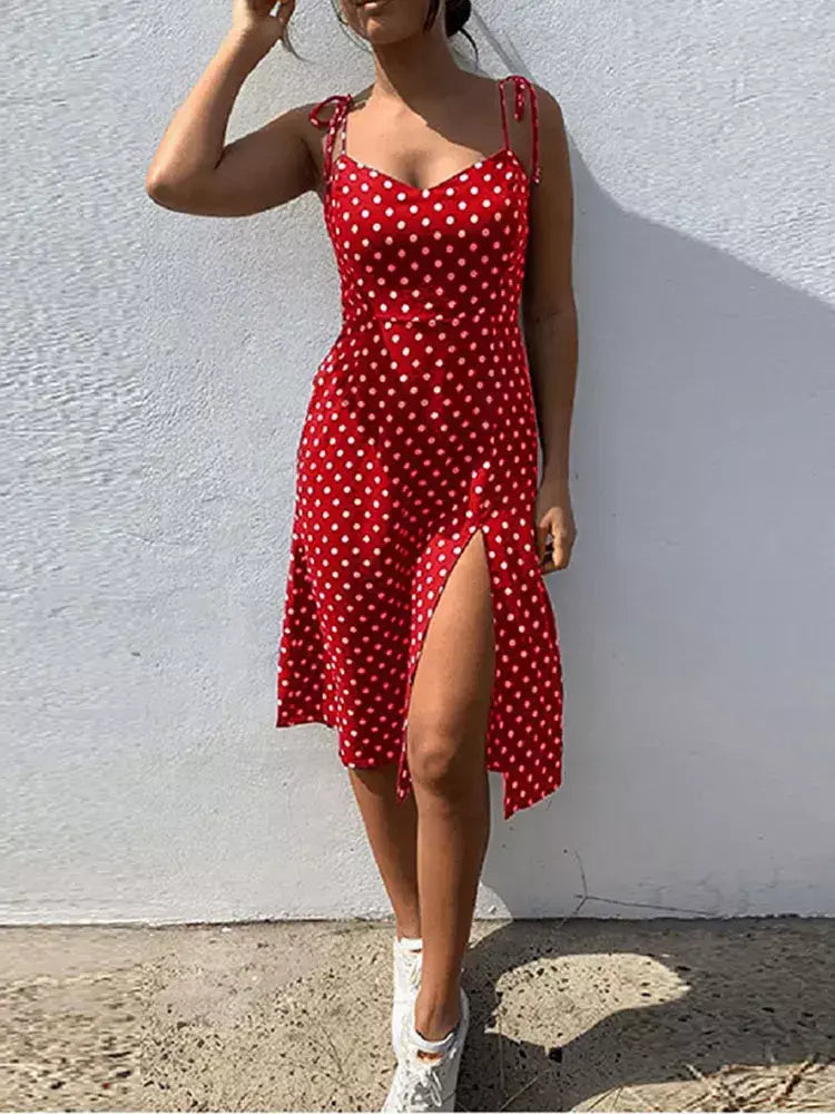 Vestidos de verão feminino causal polka dot sem mangas alta plissado cintura elástica com decote em v vestido de praia vestidos de verano