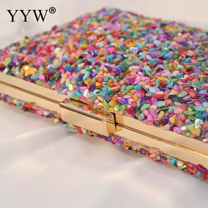 Bolsa acrílica com fecho interligado para menina, bolsa do casamento, pedra multicolorida, corrente de metal, crossbody, ombro, noite, difícil