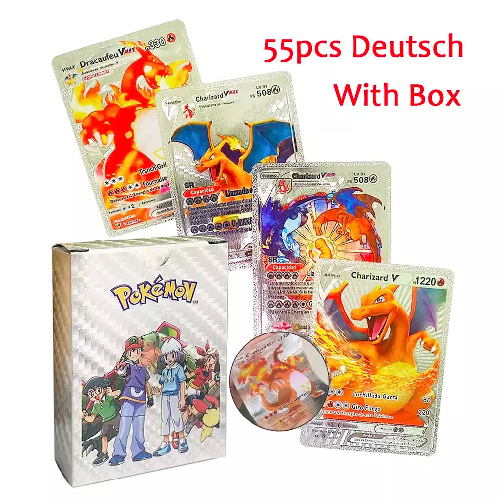 Novo 27-110 pçs cartas pokemon cartões francês inglês espanhol alemão folha de ouro silve cartões charizard vmax gx jogo coleção cartão