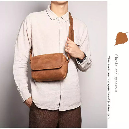 Bolsa de ombro retrô de couro genuíno masculina, grande capacidade, bolsa transversal diagonal, bolsa pequena para iPad, cavalo louco