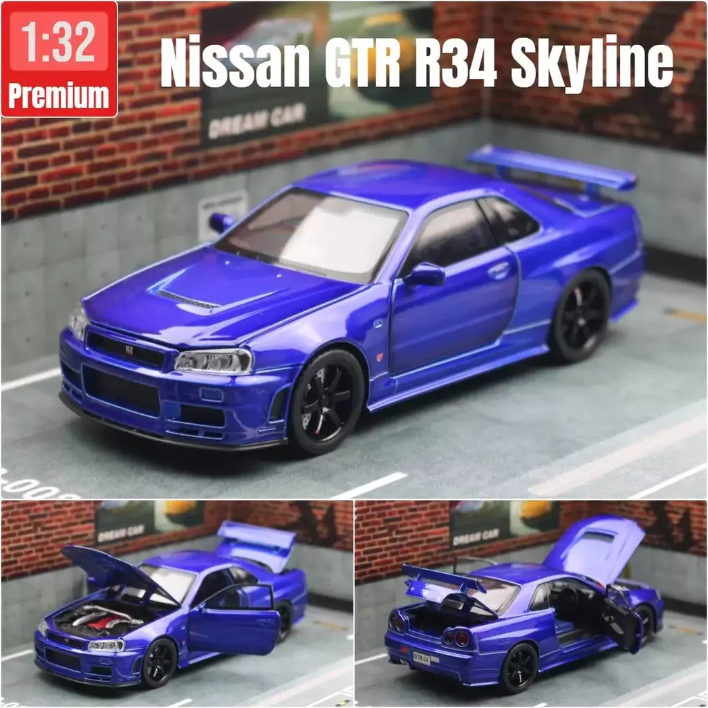 1/32 nissan skyline gtr r34 jdm modelo de carro de brinquedo diecast veículo em miniatura som & luz puxar para trás coleção presente crianças menino