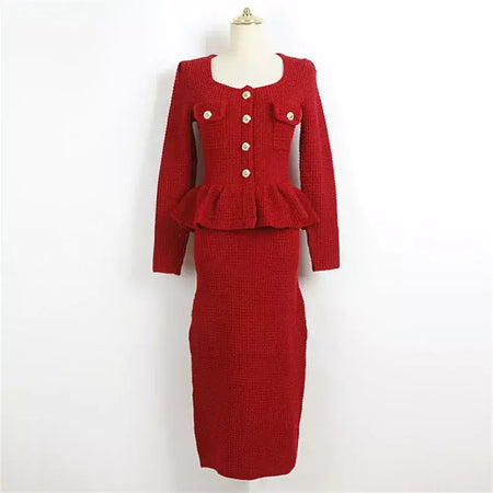 Vestido feminino 2025 primavera novo elástico de malha vestidos longos ombro almofada fino ajuste vestido de manga comprida falso vestidos de festa de duas peças