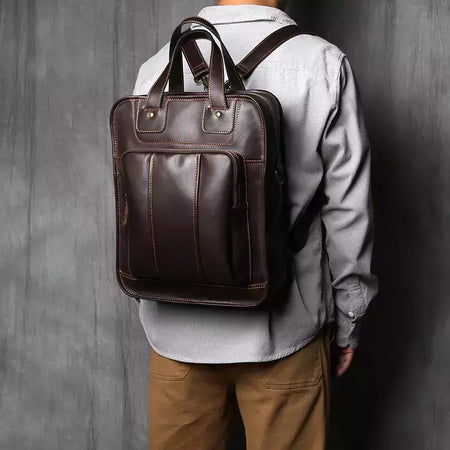 Maleta de couro retrô para homens, couro natural, bolsa vertical, bolsa de ombro casual, mochila masculina, adequada para laptop de 15 ", NZPJ