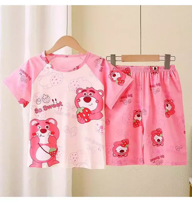 Novo verão crianças pijamas conjunto de 2 peças roupas de ar condicionado para meninos meninas bebê manga curta roupas para casa na moda