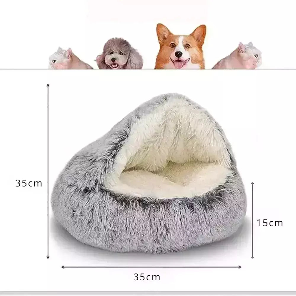Almofada redonda para gatos, sacos de dormir semi fechados para animais de estimação, pelúcia longa e macia 2 em 1, camas quentes para gatos, conforto simples, ninho de dormir quente para cachorros