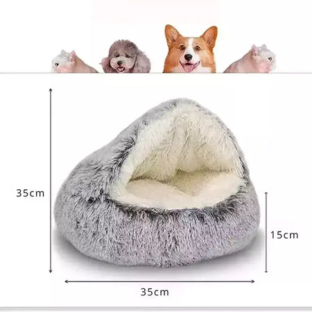 Almofada redonda para gatos, sacos de dormir semi fechados para animais de estimação, pelúcia longa e macia 2 em 1, camas quentes para gatos, conforto simples, ninho de dormir quente para cachorros