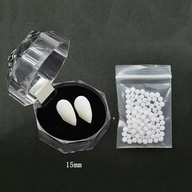 1 par de dentes de vampiro para halloween, presas para dentaduras, adereços para festa, fantasia diy, adereços para cosplay, dentes falsos, presas de resina com cola sólida