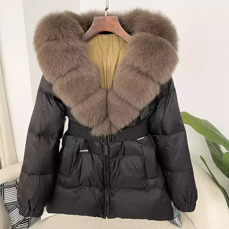 Oftbuy 2024 jaqueta de inverno feminina gola de pele de raposa natural real com capuz grosso quente 90% pato branco para baixo casaco feminino streetwear casual
