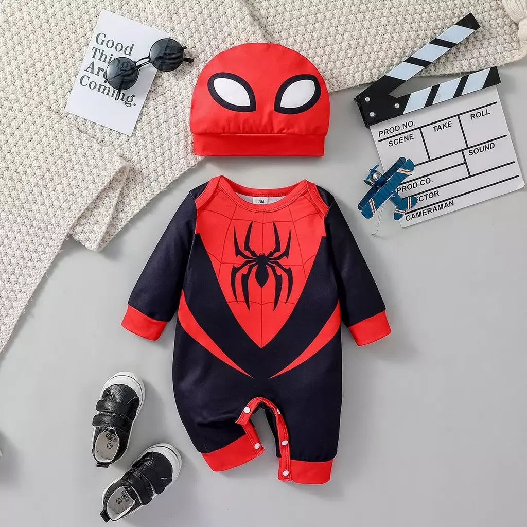 2 pçs bebê 2024 novo estilo meninos para recém-nascidos 0-6m dos desenhos animados aranha manga longa legal moda macacão todas as estações + chapéu
