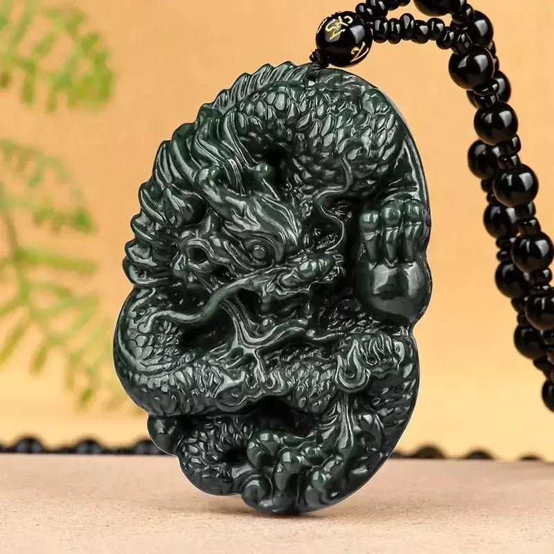 Velho hotan jade ciano pingente jadeite dragão rei marca zodíaco colar dominador masculino mão esculpida jóias presente high-end