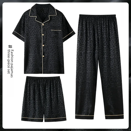 Pijama Jacquard de seda gelada masculino, manga curta, outwear casual, simulação adolescente, roupa de casa, verão, conjunto de 3 peças