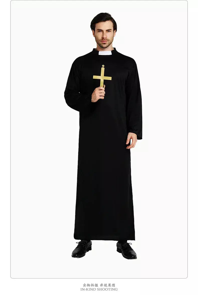 Adultos todo preto robe padrinho role play traje com cruz pastor missionários traje de halloween desempenho palco
