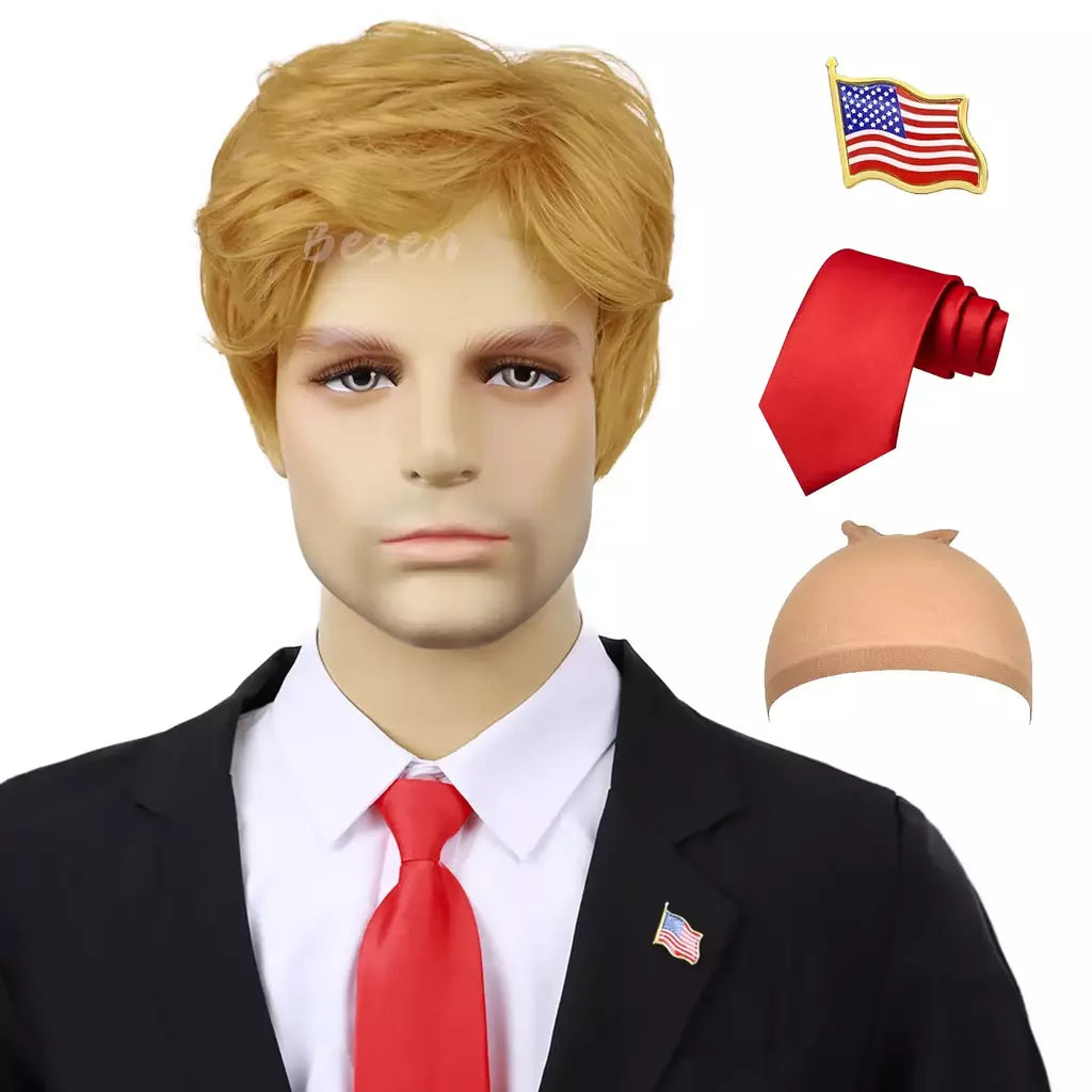 Peruca loira sintética para adultos com adesivos engraçados, peruca masculina em camadas resistente ao calor, pessoas famosas, cosplay