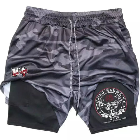 Masculino Anime 2 em 1 Calções Esportivos, Calções de Compressão Atlético Calças de Treino Fitness Running Sportwear, Desempenho Ginásio
