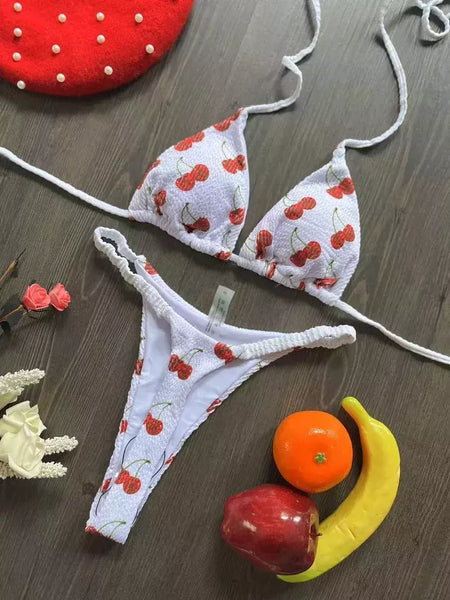 Conjunto brasileiro de biquíni tanga para mulheres, moda praia, tanga sexy, maiô, 2 peças, roupa de banho, estampa cereja fofa, 2023