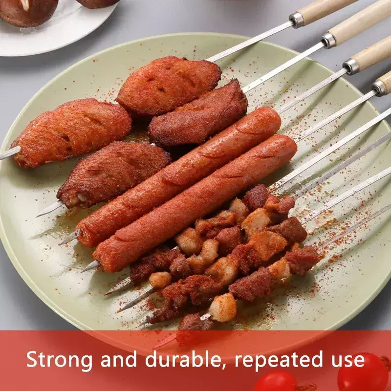 5/10 peças espetos de churrasco anti-escaldante com cabo de madeira podem ser reutilizados 304 espetos de churrasco de metal de aço inoxidável espetos largos