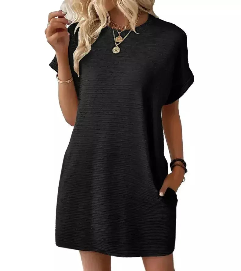 2026 robe femmes soiree manga curta em torno do pescoço mini vestido de cor sólida das mulheres bolso novo solto escritório deslocamento versátil vestido